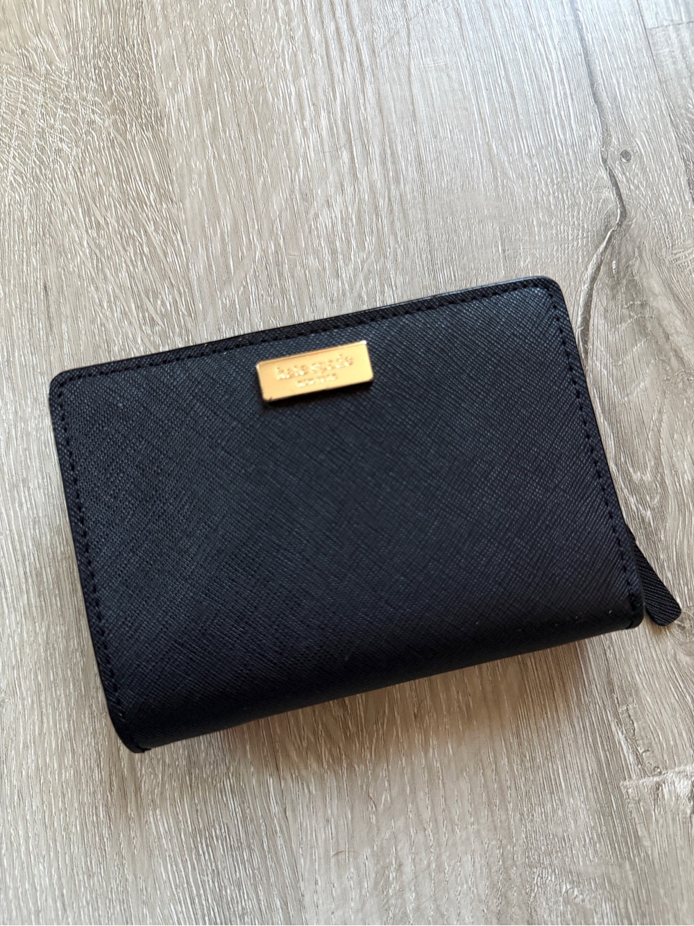 Kate Spade Black Leather Zip Wallet with Gold Plaque